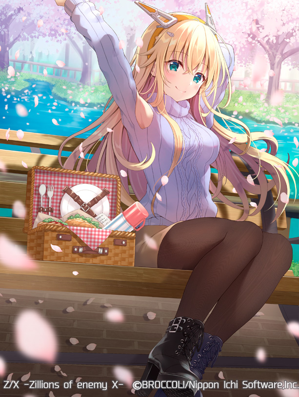 serino itsuki, rigel (z/x), z/x, official art, 1girl, aqua eyes, arm behind head, arm up, black shoes, blonde hair, blue sweater, bottle, brown pantyhose, brown skirt, chair, cherry blossoms, closed mouth, copyright notice, fork, hair ornament, hairband, knife, long hair, on chair, orange hairband, outdoors, pantyhose, picnic basket, pink petals, plate, ribbed sweater, shoes, sitting, skirt, solo, sweater, turtleneck, turtleneck sweater, water bottle