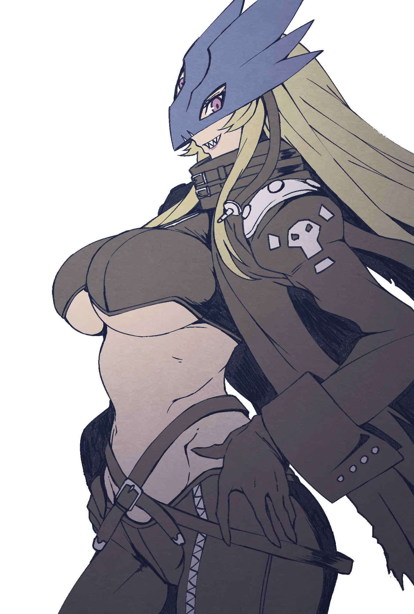 ayu (ddestiny944), beelstarmon, digimon, commentary, highres, 1girl, belt, black belt, black gloves, black mask, black pants, black vest, blonde hair, breasts, coat, cowboy shot, cropped vest, digimon (creature), eye mask, gloves, grin, groin, hands on own hips, holding, large breasts, leather, leather pants, lipstick, long hair, looking at viewer, makeup, mask, navel, open clothes, open coat, pants, profile, purple eyes, purple lips, sharp teeth, sidelocks, simple background, skull print, smile, solo, standing, stomach, teeth, third eye, tight clothes, tight pants, underboob, vest, weapon, white background
