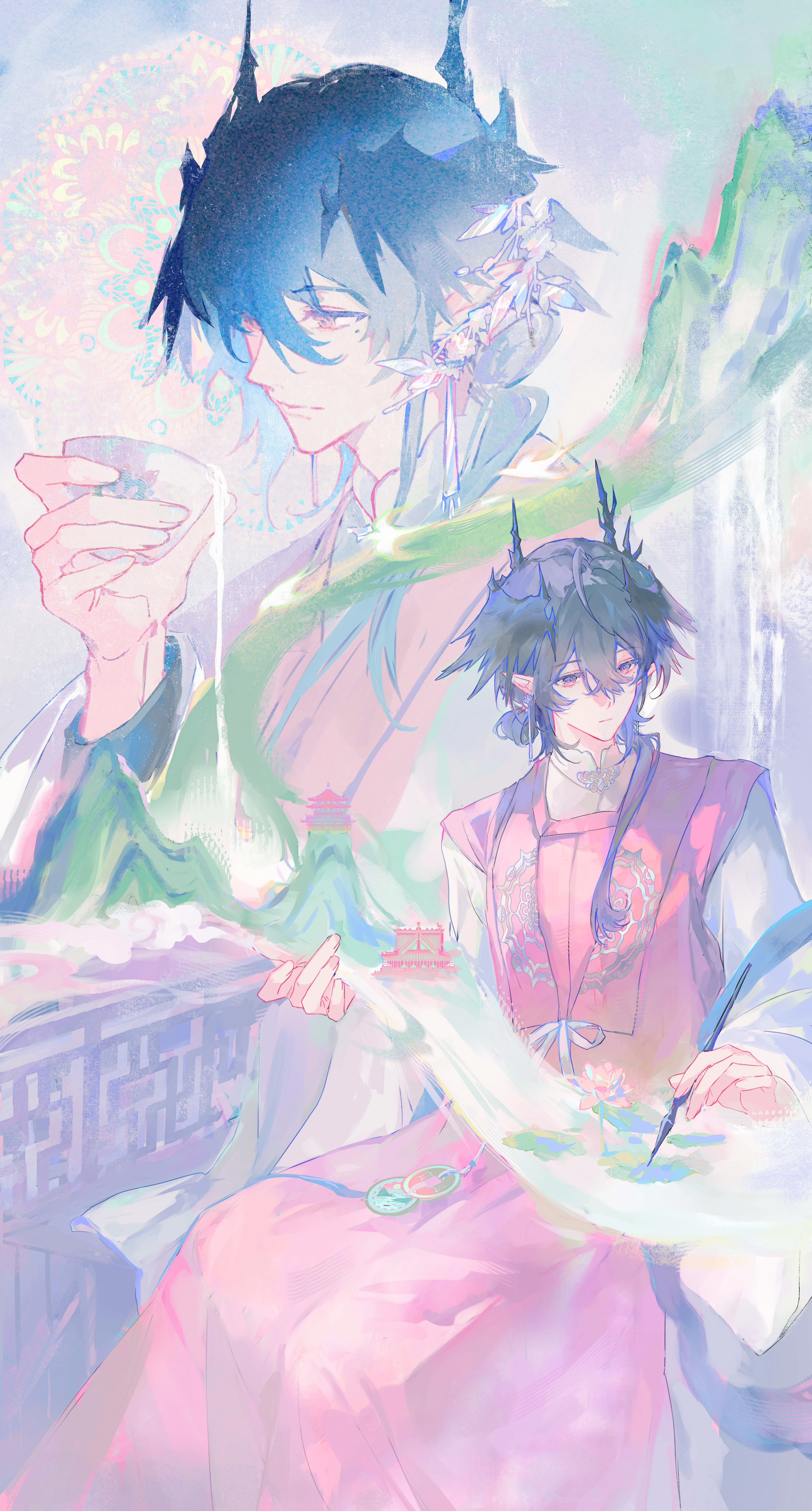 intblue, logos (arknights), arknights, absurdres, chinese commentary, commentary, highres, 1boy, architecture, black hair, black wings, chinese clothes, coin, cup, drawing (action), east asian architecture, flower, hair over shoulder, hanfu, head wings, holding, holding cup, holding quill, holed coin, horns, long hair, lotus, lotus leaf, male focus, mole, mole under eye, mountain, multiple views, pink eyes, pink flower, pink hanfu, quill, sitting, solo, spill, wings