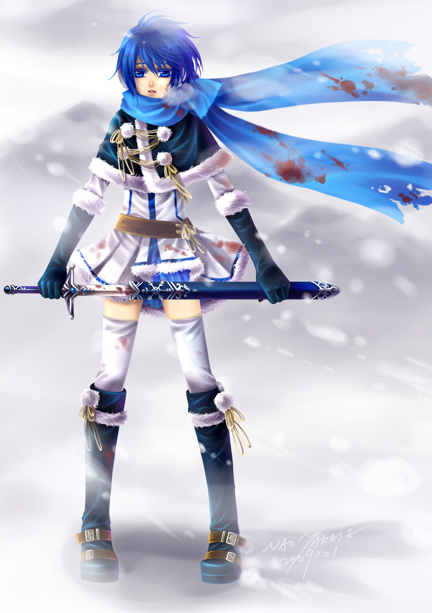 nao takase, kaiko (vocaloid), kaito (vocaloid), vocaloid, gender request, highres, 1girl, blood, blood on clothes, cape, earmuffs, fantasy, female focus, full body, genderswap, gloves, outdoors, scarf, sheath, snow, solo, sword, thighhighs, unsheathing, weapon, zettai ryouiki