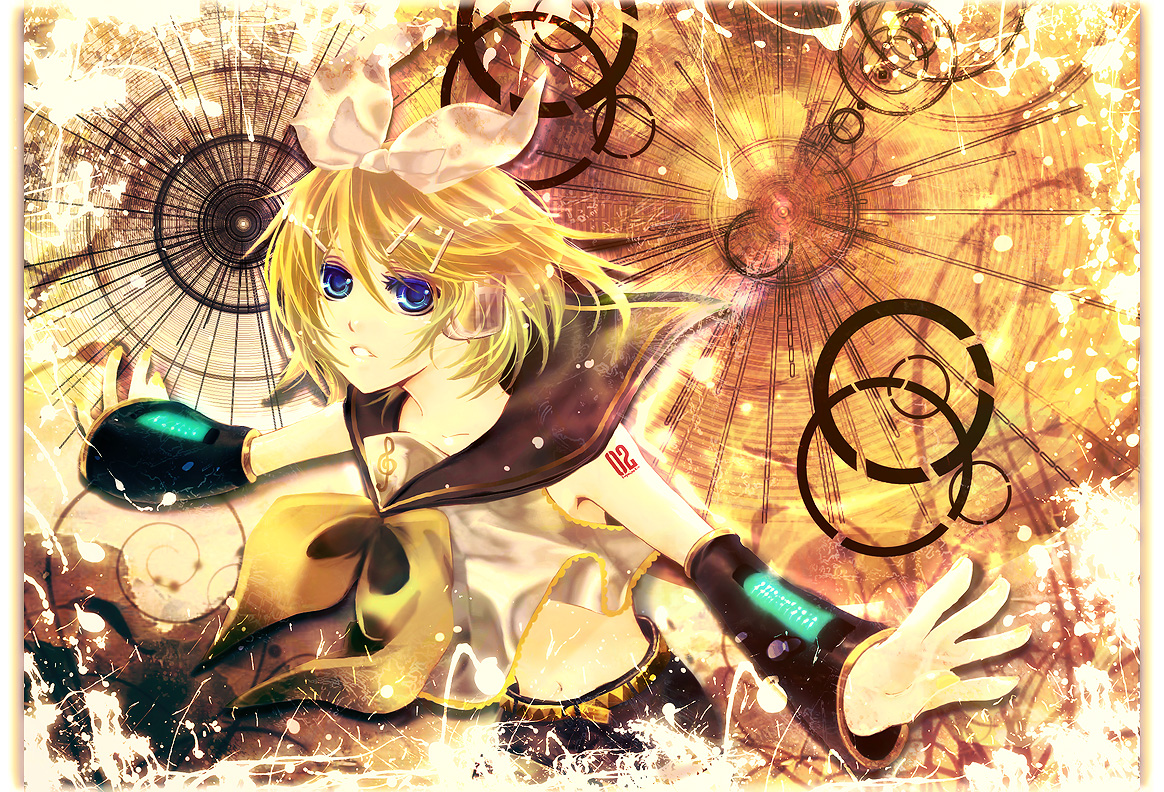 miom, kagamine rin, vocaloid, bad id, bad pixiv id, armpits, blonde hair, blue eyes, detached sleeves, hair ornament, hairclip, midriff, ribbon, solo
