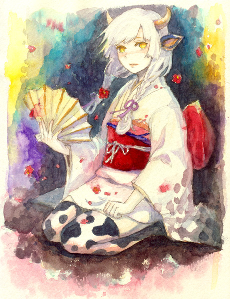 nayuko, original, bad id, bad pixiv id, traditional media, 1girl, animal print, cow, cow girl, cow print, female focus, flower, hand fan, horns, japanese clothes, kimono, new year, solo, thighhighs, white hair, yellow eyes