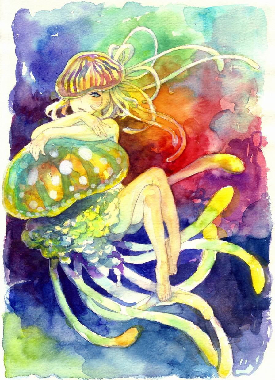 nayuko, original, bad id, bad pixiv id, highres, traditional media, barefoot, jellyfish, personification, solo