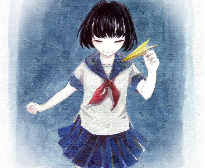nayuko, original, bad id, bad pixiv id, traditional media, black hair, holding, holding paper airplane, paper airplane, school uniform, serafuku, short hair, solo