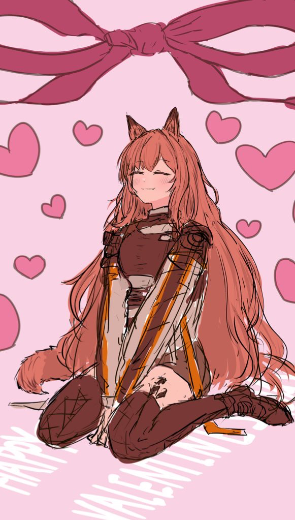 colt (allyourvase0808), ceobe (arknights), arknights, commentary request, 1girl, animal ears, between legs, blush, boots, bow, brown boots, brown dress, brown hair, closed eyes, dog ears, dog girl, dog tail, dot nose, dress, full body, hand between legs, heart, long hair, long sleeves, material growth, oripathy lesion (arknights), pink bow, short dress, sitting, sketch, smile, solo, tail, thigh boots, wariza