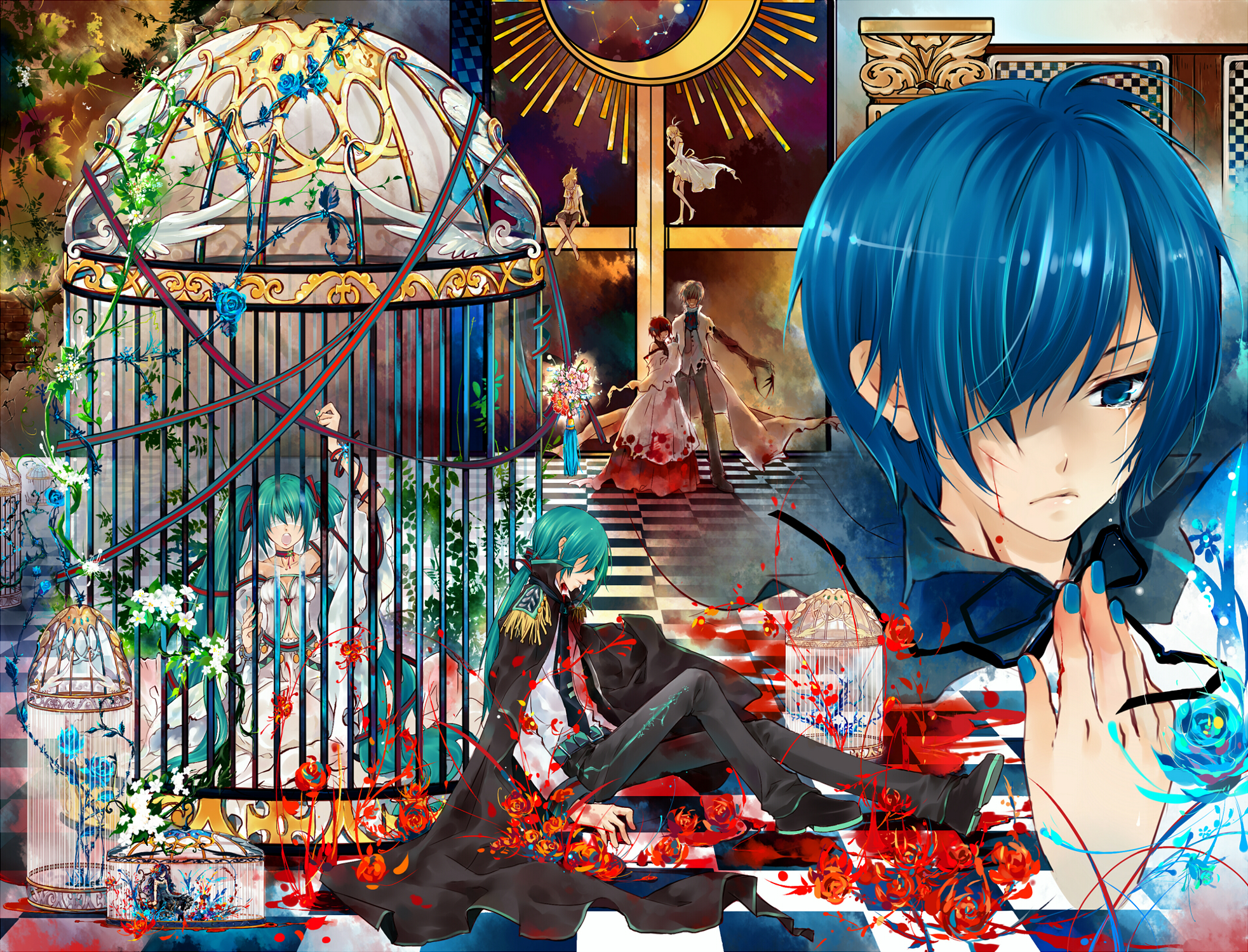 saiyki, hatsune miku, hatsune mikuo, kagamine len, kagamine rin, kaiko (vocaloid), kaito (vocaloid), meiko (vocaloid), aru uta-utai ningyou no kiroku (vocaloid), vocaloid, highres, 3boys, 4girls, bare shoulders, blindfold, blood, blue hair, cage, checkered floor, claws, dress, flower, genderswap, genderswap (ftm), genderswap (mtf), green hair, in cage, injury, multiple boys, multiple girls, perspective, tears