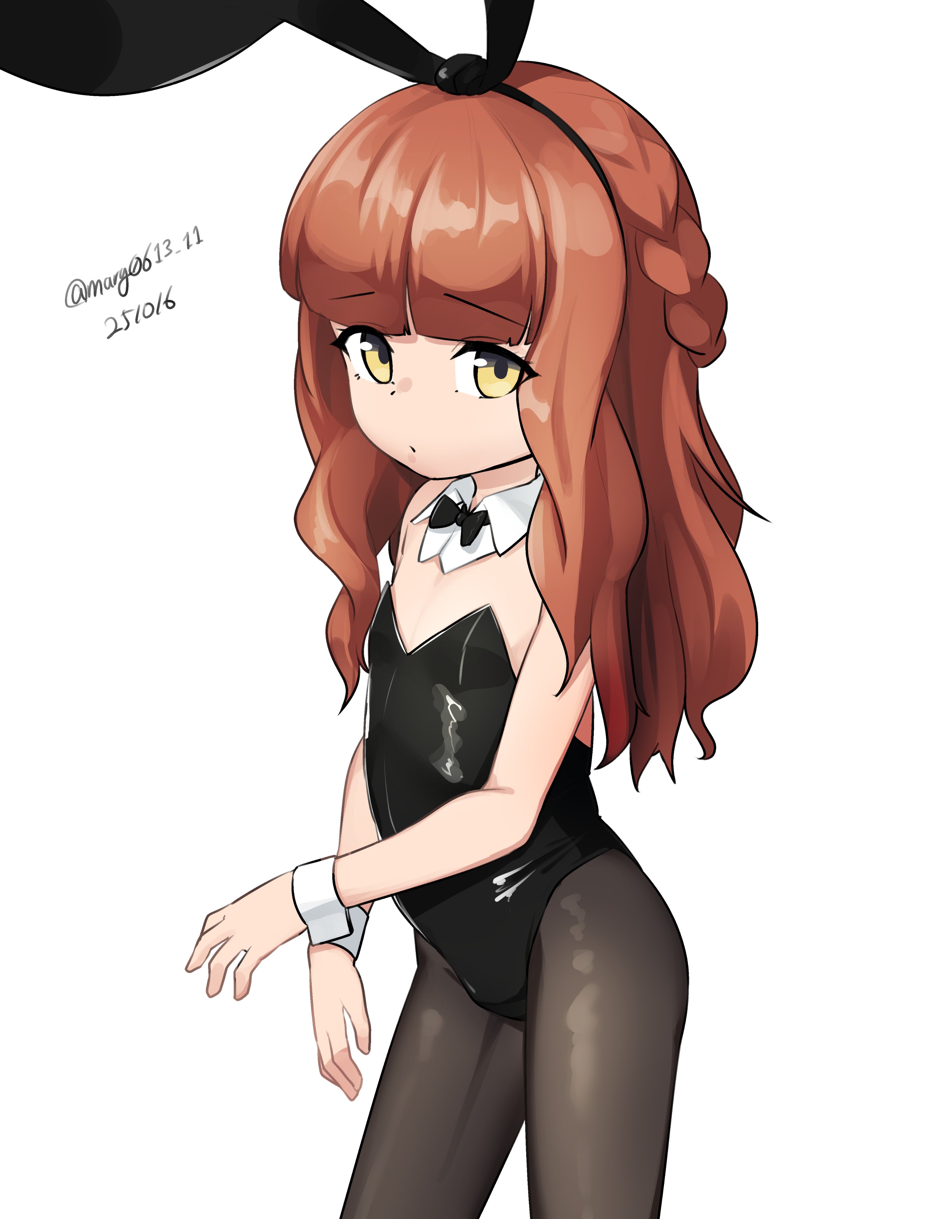 maru (marg0613), de ruyter (kancolle), kantai collection, absurdres, highres, 1girl, alternate costume, animal ear hairband, animal ears, black bow, black bowtie, black leotard, black pantyhose, bow, bowtie, braid, brown hair, dated, detached collar, fake animal ears, flat chest, hairband, half up braid, leotard, long hair, one-hour drawing challenge, pantyhose, playboy bunny, rabbit ears, simple background, solo, strapless, strapless leotard, twitter username, white background, wrist cuffs, yellow eyes
