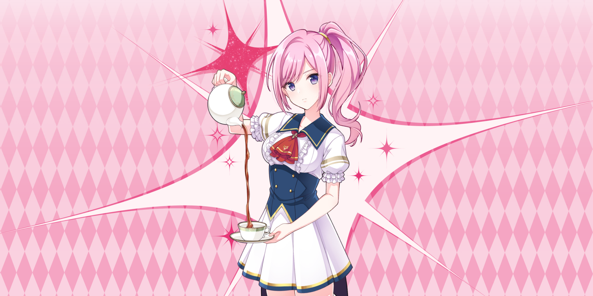 alpha (lapis re:lights), lapis re:lights, game cg, highres, official art, third-party source, 1girl, argyle background, blue corset, blue sailor collar, breasts, buttons, closed mouth, corset, cowboy shot, cup, double-breasted, dress, expressionless, frilled dress, frills, head tilt, high ponytail, holding, holding saucer, holding teapot, long hair, looking at viewer, medium breasts, pink background, pink hair, ponytail, pouring, purple eyes, sailor collar, saucer, school uniform, short sleeves, sidelocks, skirt, solo, sparkle background, tea, teacup, teapot, white dress, white skirt
