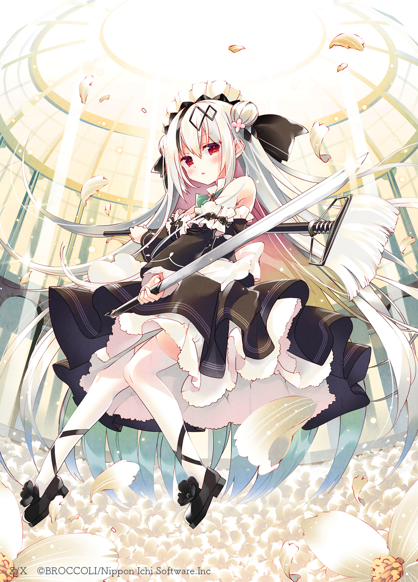 arikawa satoru, z/x, highres, official art, 1girl, aqua hair, black dress, black hair, black shoes, bow, bowtie, colored inner hair, copyright notice, double bun, dress, flower, gradient hair, green bow, green bowtie, hair bun, hair ornament, holding, holding mop, holding sword, holding weapon, indoors, long hair, maid, maid headdress, mop, multicolored hair, pink hair, red eyes, shoes, sword, thighhighs, very long hair, weapon, white flower, white hair, white petals, white thighhighs, yith (z/x)