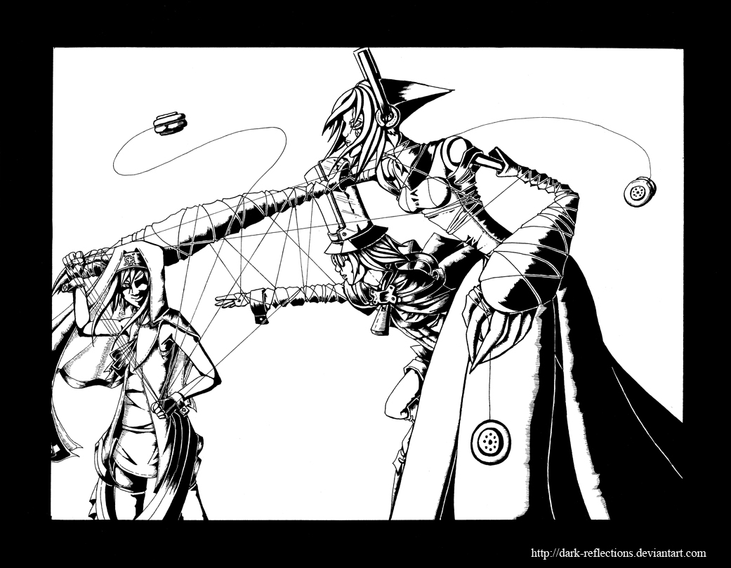 bridget (guilty gear), carl clover, nirvana (blazblue), arc system works, blazblue, blazblue: calamity trigger, guilty gear, guilty gear xx, 1girl, 2boys, crossover, greyscale, hat, marionette, monochrome, multiple boys, puppet, top hat, trap, yo-yo