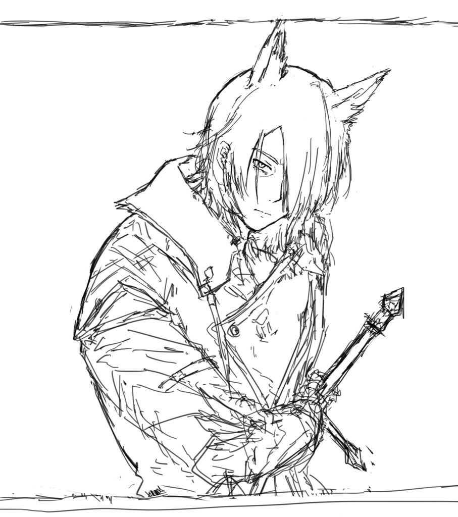 colt (allyourvase0808), mlynar (arknights), arknights, commentary request, 1boy, :|, animal ears, closed mouth, expressionless, greyscale, hair over one eye, horse boy, horse ears, long sleeves, looking at viewer, male focus, monochrome, short hair, simple background, sketch, solo, sword, upper body, weapon, white background