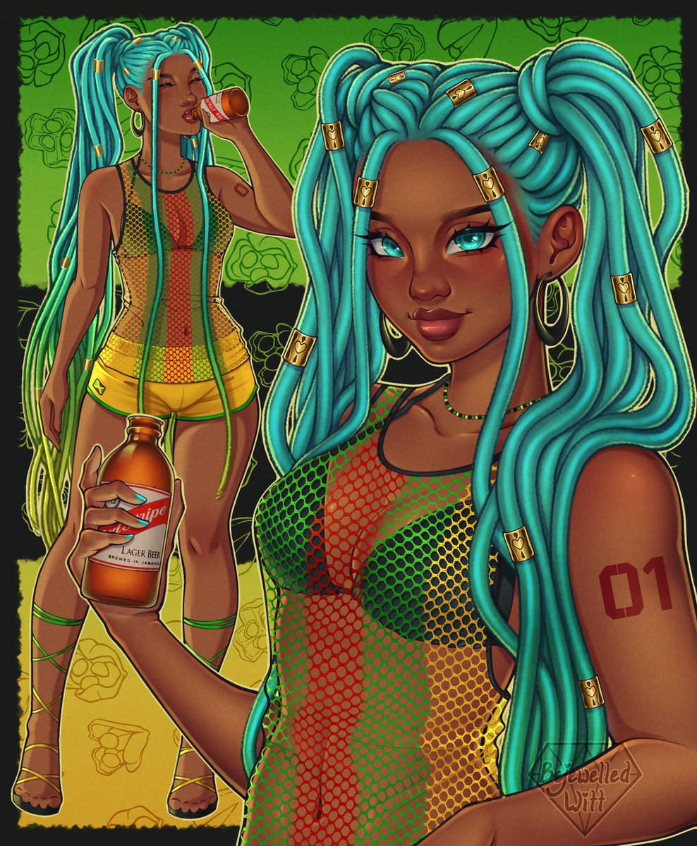 hatsune miku, worldwide miku, vocaloid, commentary, english commentary, highres, 1girl, alternate hairstyle, alternate skin color, aqua eyes, aqua hair, bejewelled witt, bikini, bikini top only, black bikini, breasts, dark-skinned female, dark skin, darkened skin, dreadlocks, earrings, eyelashes, fishnet top, fishnets, hoop earrings, jamaica, jamaican flag, jamaican flag print, jewelry, lips, long hair, looking at viewer, medium breasts, multiple views, navel, necklace, sandals, shirt, shorts, smile, swimsuit, very long hair, watermark, yellow shorts