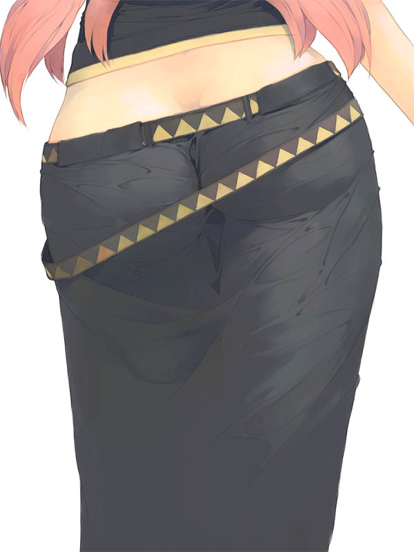 akinbo (hyouka fuyou), megurine luka, vocaloid, 1girl, ass, ass focus, back, belt, butt crack, close-up, female focus, head out of frame, long hair, long skirt, pink hair, simple background, skirt, solo, white background
