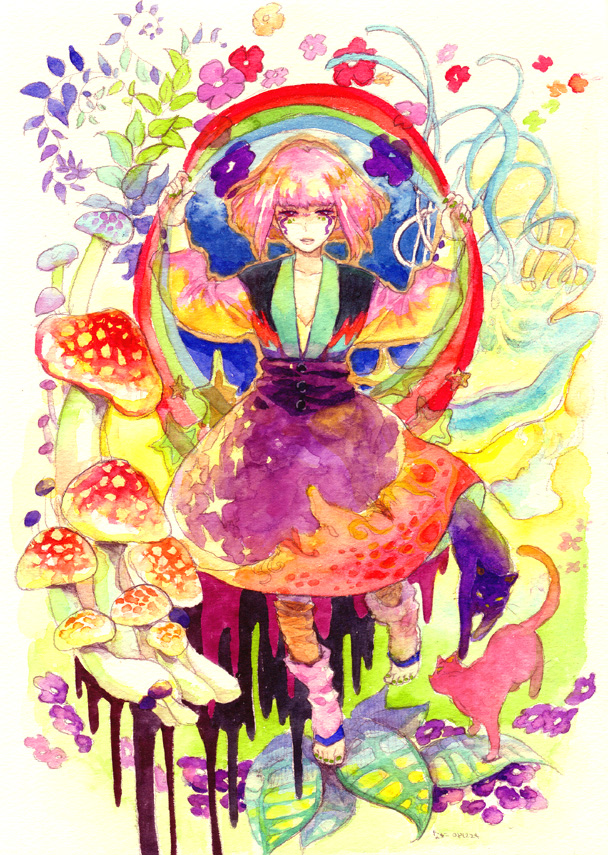 nayuko, original, bad id, bad pixiv id, traditional media, facepaint, flower, mushroom, purple hair, solo