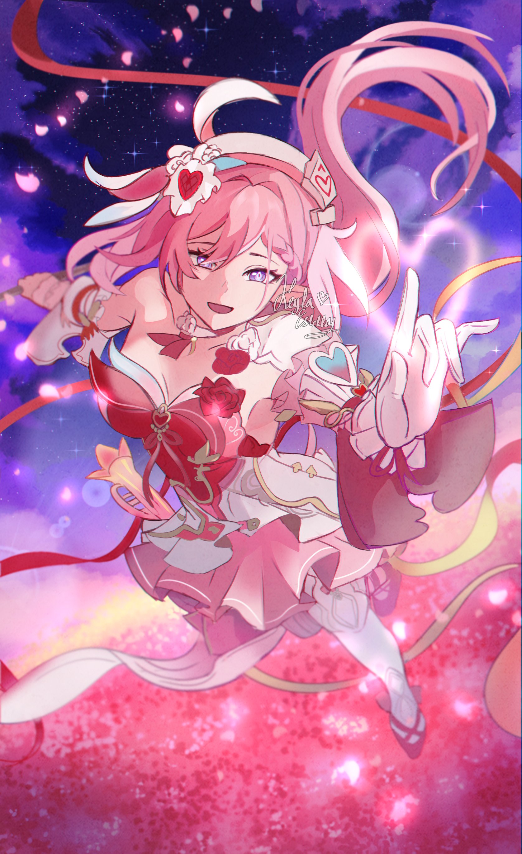 elysia (hi love elf) (honkai impact), elysia (honkai impact), honkai (series), honkai impact 3rd, absurdres, commentary, highres, 1girl, beret, breasts, diamond-shaped pupils, diamond (shape), dress, earrings, elf, field, flower, flower field, gloves, hat, heart, heart earrings, high heels, jewelry, keylaestella, large breasts, long hair, multicolored hair, night, night sky, pink hair, pointy ears, purple eyes, red dress, sky, smile, solo, star (sky), starry sky, symbol-shaped pupils, thighhighs, two-tone dress, two-tone hair, very long hair, white dress, white gloves, white hair, white thighhighs