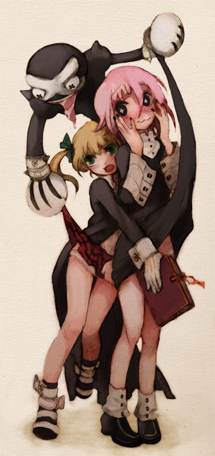 ruto (petatann), crona (soul eater), maka albarn, ragnarok (soul eater), soul eater, bad id, bad pixiv id, long image, tall image, + +, 00s, 1girl, androgynous, black dress, black nails, black skin, blonde hair, blush, book, bow, clothes lift, coat, colored skin, covering privates, cuff links, dress, dress lift, drooling, gauntlets, gloves, green eyes, hair bow, hands on own cheeks, hands on own face, high collar, long hair, nail polish, open mouth, panties, pantyshot, pink hair, plaid clothes, plaid skirt, saliva, shoes, short hair, skirt, skirt lift, spikes, tongue, tongue out, twintails, underwear, white gloves, white panties, x x