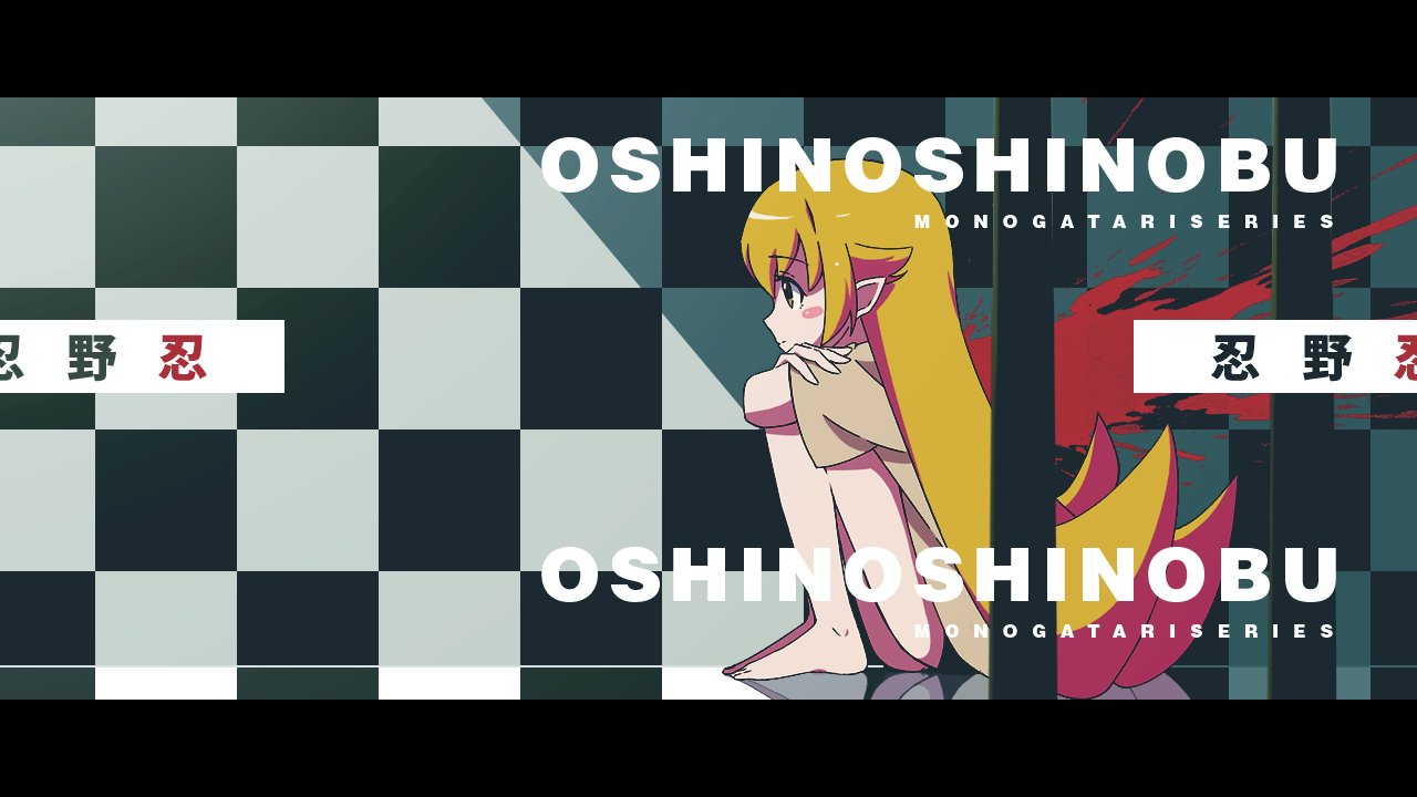 sonikkusupin, oshino shinobu, monogatari (series), 1girl, arms on knees, bare legs, barefoot, black border, black shorts, blonde hair, blood, blood splatter, blurry, blurry foreground, blush stickers, border, character name, checkered wall, copyright name, crossed arms, expressionless, flipped hair, from side, full body, grey shirt, hair between eyes, hair flaps, hand on own arm, knees to chest, legs together, letterboxed, long hair, looking to the side, on floor, pointy ears, profile, reflective floor, shade, shirt, short sleeves, shorts, sitting, solo, very long hair, yellow eyes