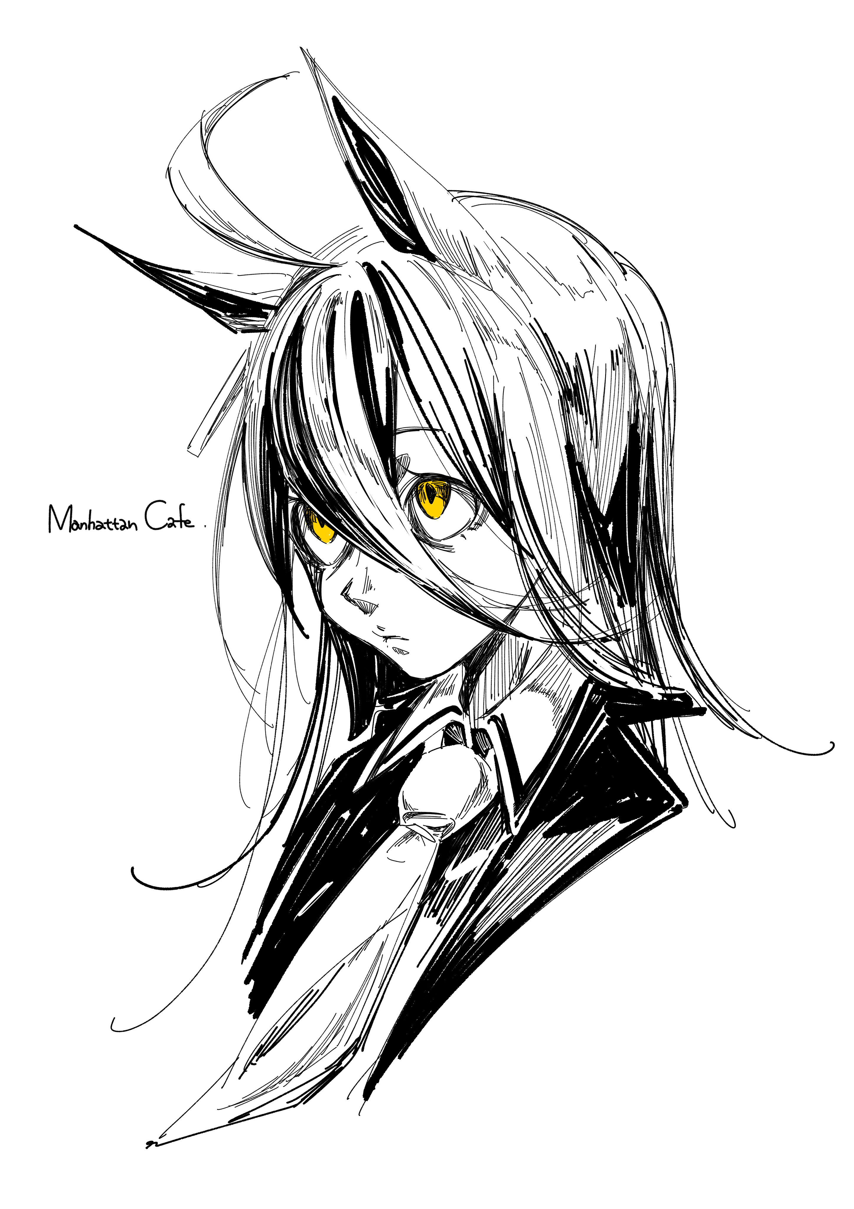 ohayonabeno, manhattan cafe (umamusume), umamusume, absurdres, highres, 1girl, :/, ahoge, animal ears, character name, closed mouth, collared shirt, ear ornament, ear tag, expressionless, hair between eyes, horse ears, horse girl, long hair, long hair between eyes, looking up, monochrome, multicolored hair, necktie, sanpaku, shirt, simple background, solo, spot color, white background, yellow eyes