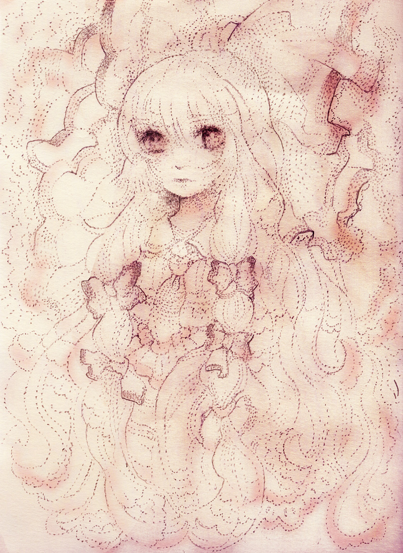 ruto (petatann), fujiwara no mokou, touhou, bad id, bad pixiv id, 1girl, dotted line, female focus, hair ribbon, long hair, monochrome, pink theme, ribbon, solo