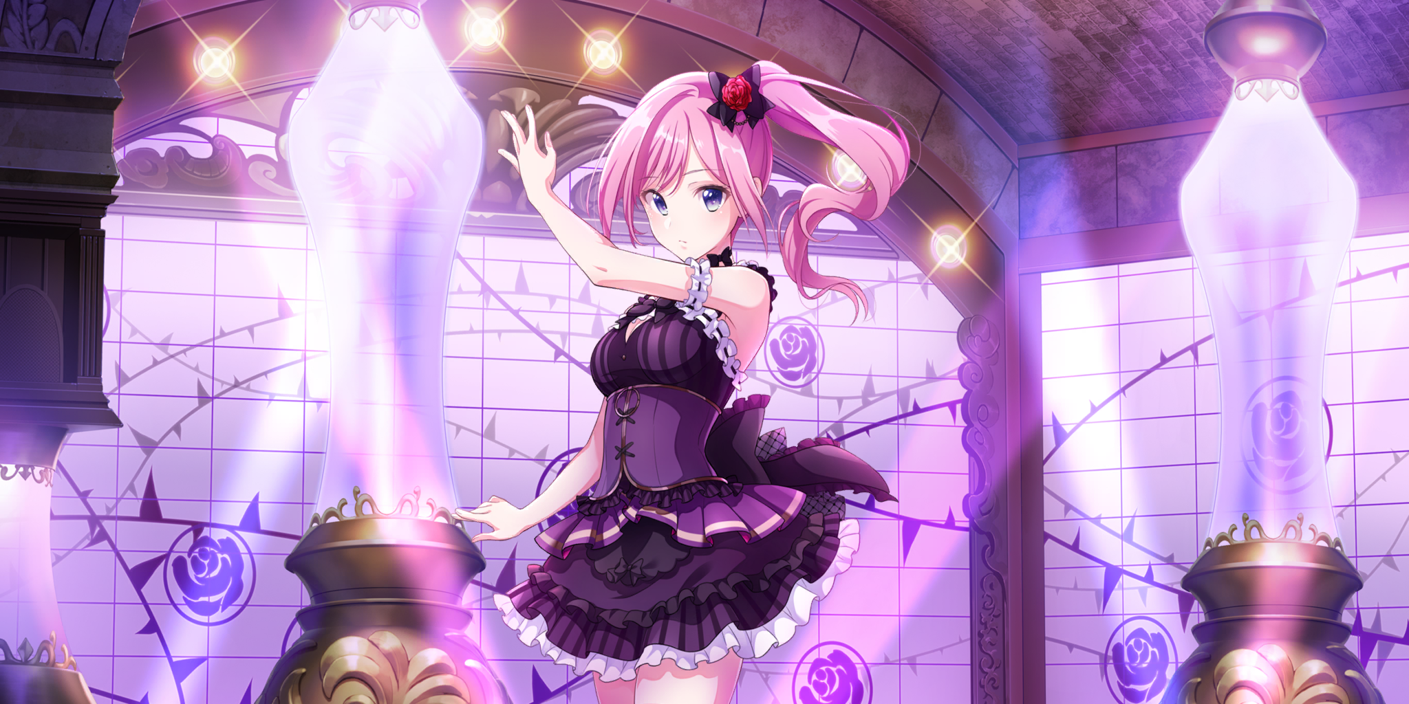 alpha (lapis re:lights), lapis re:lights, game cg, highres, official art, third-party source, 1girl, arch, arm garter, arm up, armpit crease, bare shoulders, bow, bow flower, breasts, brick, cleavage, cleavage cutout, clothing cutout, corset, cowboy shot, diffraction spikes, dress, expressionless, flower, frilled skirt, frills, hair bow, high side ponytail, looking at viewer, medium breasts, pink hair, purple bow, purple corset, purple dress, purple eyes, purple skirt, red flower, red rose, rose, sidelocks, skirt, sleeveless, sleeveless dress, solo, stage, stage lights, tile wall, tiles