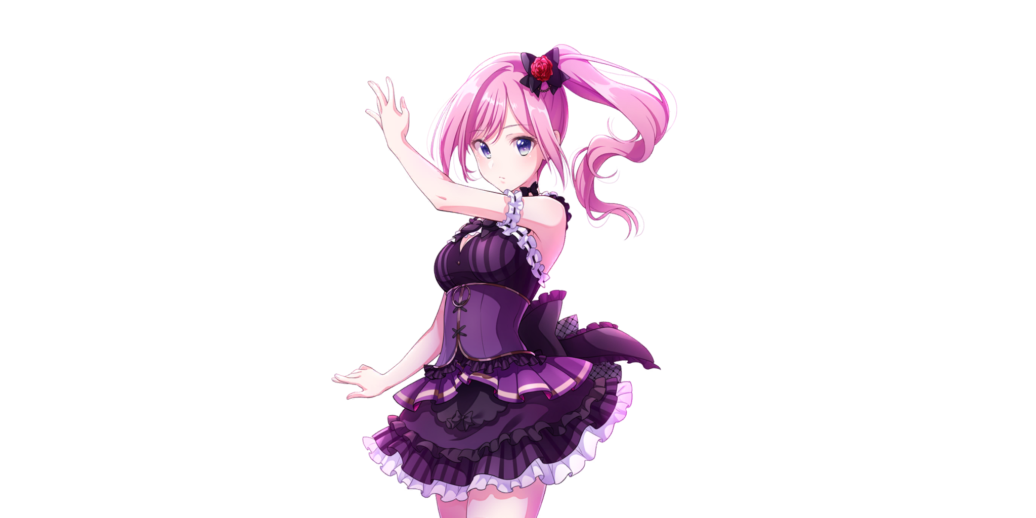 alpha (lapis re:lights), lapis re:lights, game cg, highres, official art, third-party source, 1girl, arm garter, arm up, armpit crease, bare shoulders, bow, bow flower, breasts, cleavage, cleavage cutout, clothing cutout, corset, cowboy shot, dress, expressionless, flower, frilled skirt, frills, hair bow, high side ponytail, looking at viewer, medium breasts, pink hair, purple bow, purple corset, purple dress, purple eyes, purple skirt, red flower, red rose, rose, sidelocks, simple background, skirt, sleeveless, sleeveless dress, solo, transparent background