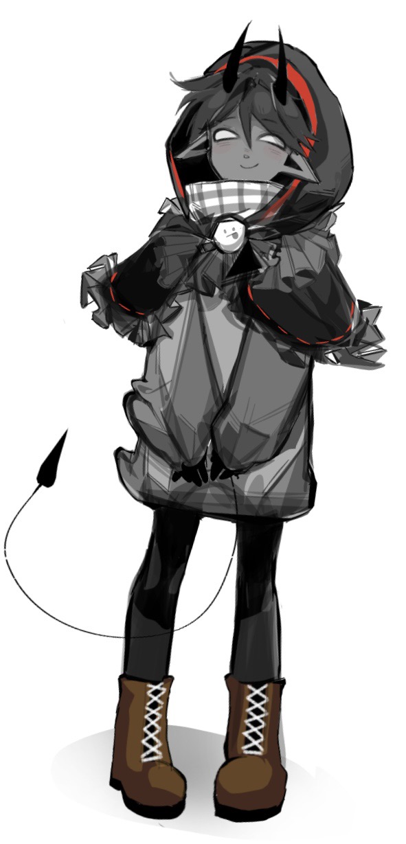 abaaba24593, minecraft youtube, chinese commentary, commentary request, highres, variant set, 1boy, ^ ^, adapted costume, animification, badboyhalo, black capelet, black hair, black skin, blush, boots, brown boots, capelet, closed eyes, colored skin, demon boy, demon horns, demon tail, hood, hood up, horns, male focus, pointy ears, short hair, simple background, sketch, smile, solo, standing, tail, white background