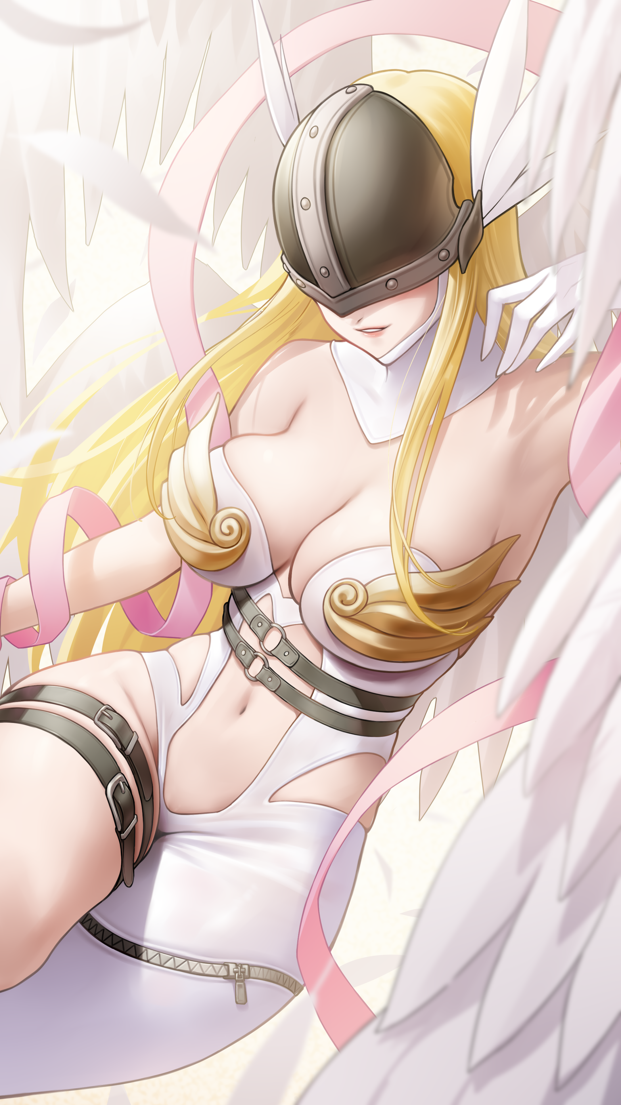 somebody (leiking00), angewomon, digimon, absurdres, commentary request, highres, 1girl, angel, angel wings, arm up, armpits, asymmetrical clothes, bare shoulders, belt, black belt, blonde hair, bodysuit, boobplate, breastplate, breasts, cleavage, clothing cutout, covered eyes, digimon (creature), falling feathers, feathered wings, feathers, gloves, hagoromo, helmet, helmet over eyes, hip vent, large breasts, long hair, multiple wings, navel, o-ring, o-ring belt, parted lips, shawl, sidelocks, skindentation, smile, solo, stomach, stomach cutout, thigh belt, thigh strap, white bodysuit, winged helmet, wings, zipper, zipper pull tab