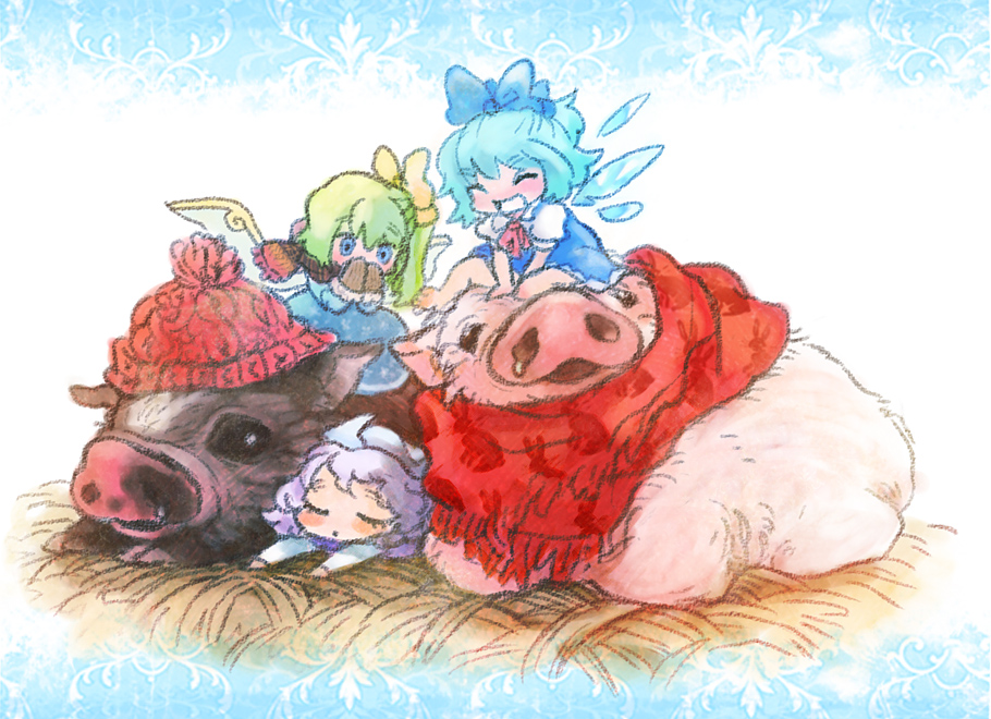 ruto (petatann), cirno, daiyousei, letty whiterock, touhou, bad id, bad pixiv id, 3girls, blue eyes, blue hair, chibi, dress, female focus, gradient background, green hair, hair ribbon, hat, multiple girls, pig, plant, ribbon, short hair, white background, wings