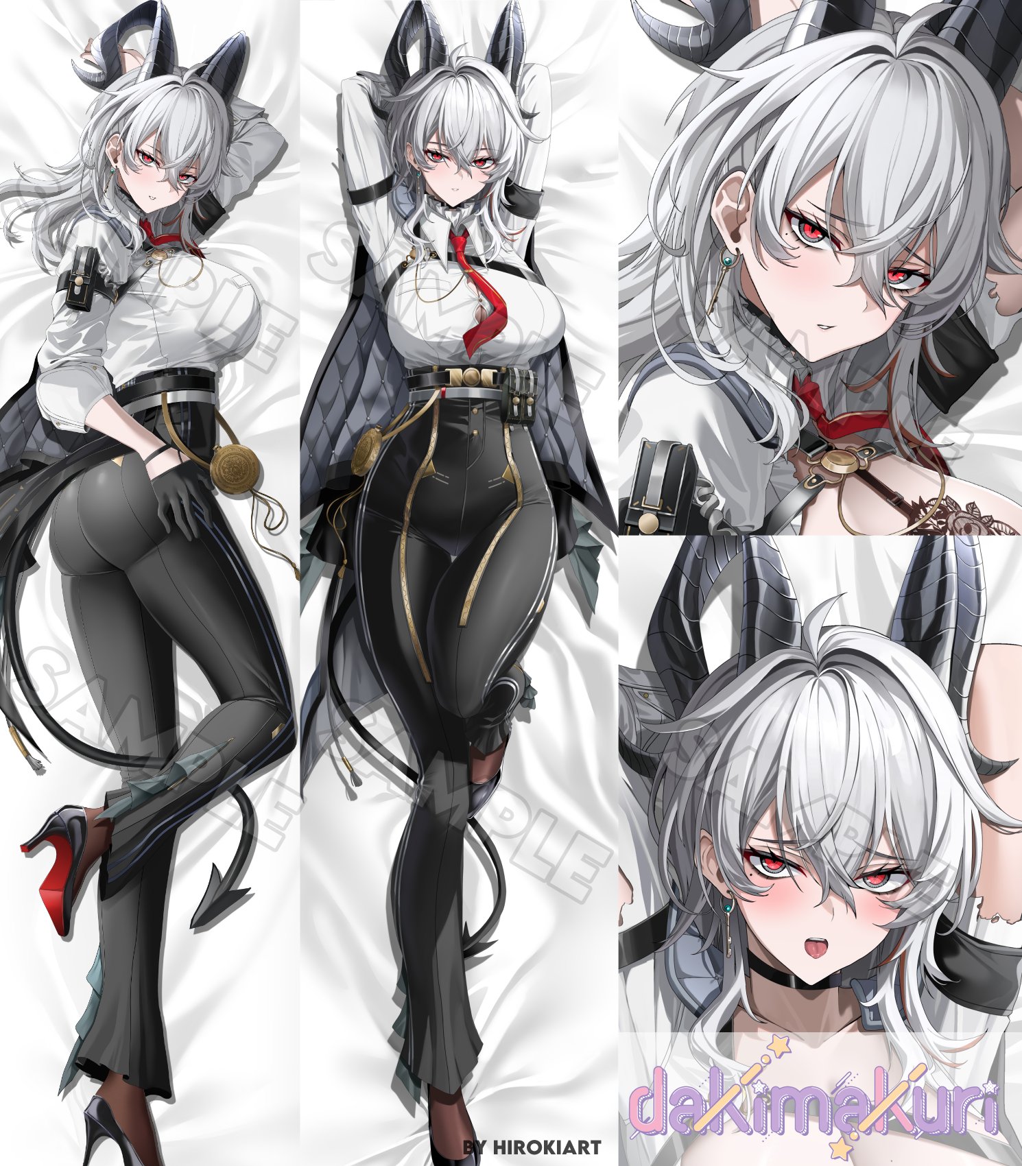 hiroki (hirokiart), zani (wuthering waves), wuthering waves, commentary, english commentary, highres, merchandise available, 1girl, ahoge, alternate breast size (larger), arm pouch, arm up, arms behind head, arms up, artist name, ass, bed sheet, black gloves, black horns, black jacket, black pants, black shoes, black tail, blush, breasts, button gap, collared shirt, curled horns, dakimakura (medium), demon tail, earrings, gloves, grey hair, hair between eyes, high-waist pants, high heels, horns, huge breasts, jacket, jacket on shoulders, jewelry, key earrings, logo, long hair, mole, mole under eye, necktie, open mouth, pants, parted lips, red eyes, red necktie, sample watermark, shirt, shirt tucked in, shoes, solo, tail, tight clothes, tight pants, tongue, tongue out, watermark, white shirt