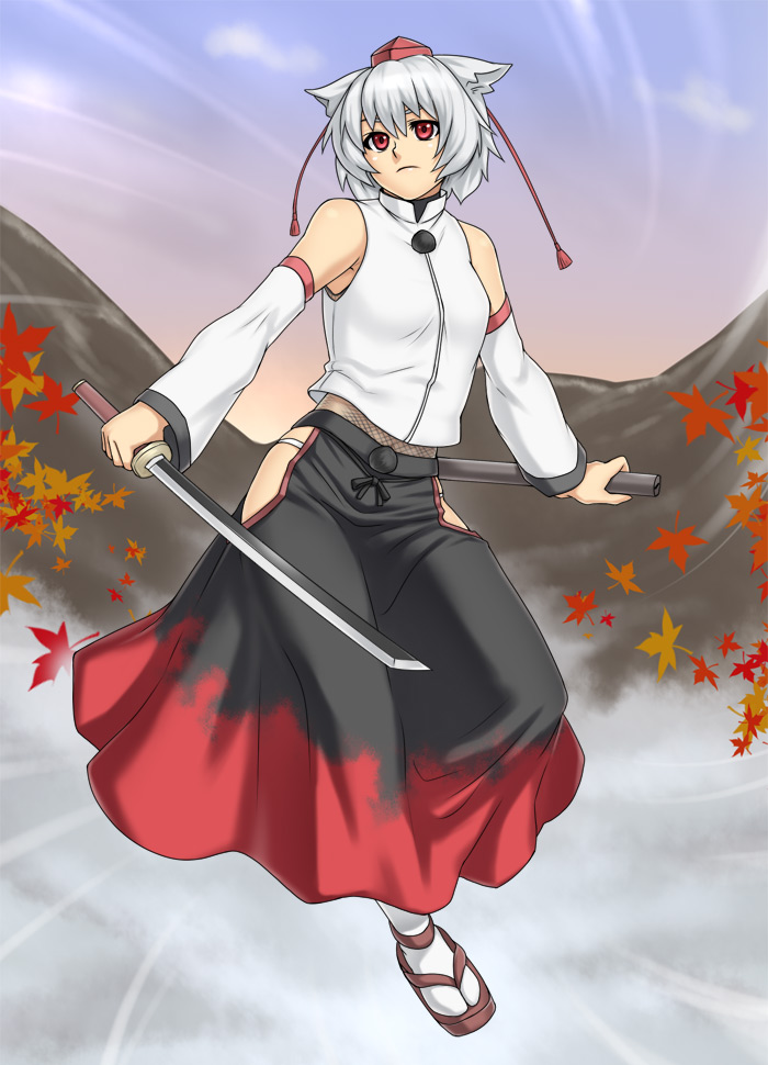 houtengeki, inubashiri momiji, touhou, 1girl, animal ears, bare shoulders, detached sleeves, female focus, geta, leaf, red eyes, scabbard, sheath, short hair, skirt, solo, sword, tabi, weapon, white hair, wolf ears