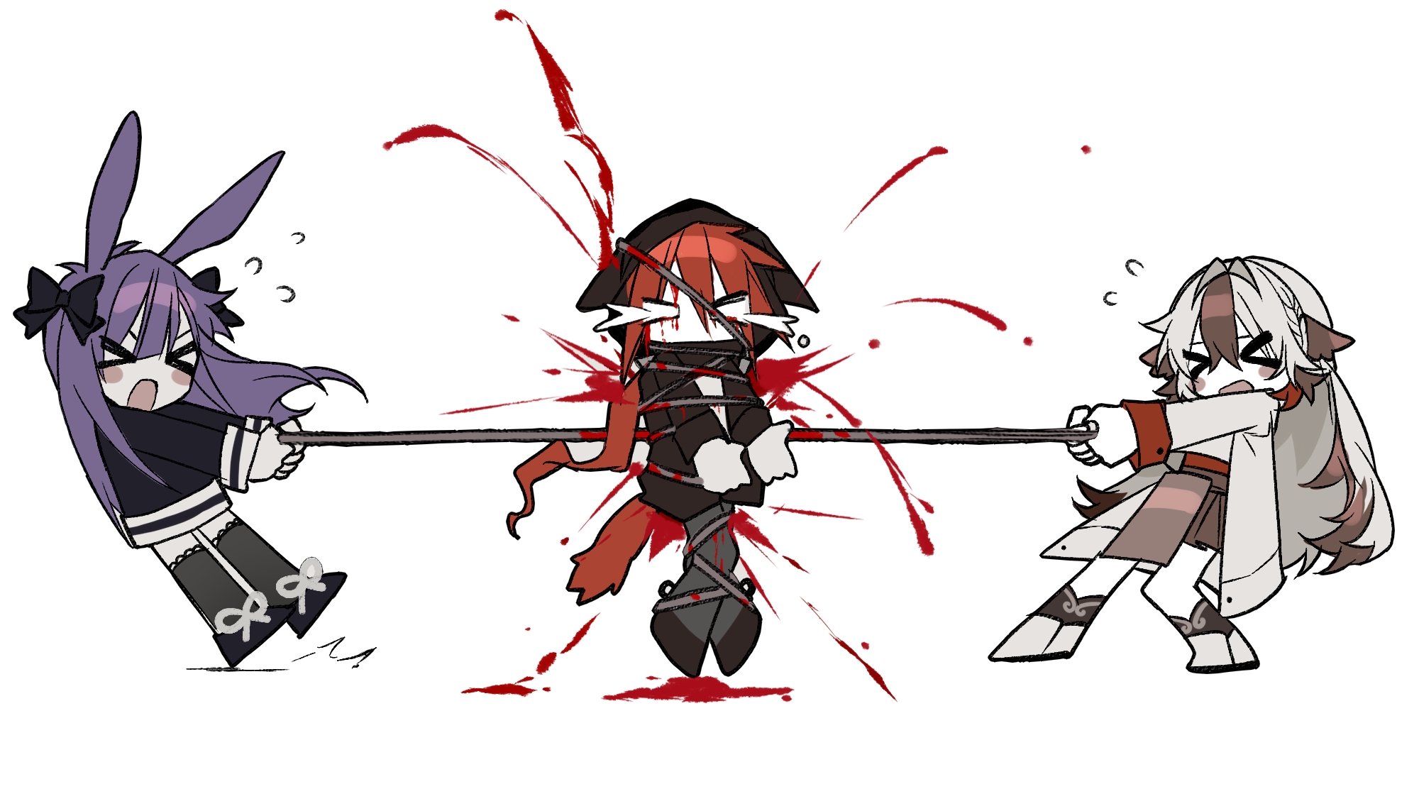 hemostatic, crownslayer (arknights), rope (arknights), snowsant (arknights), arknights, chinese commentary, commentary request, highres, > <, 3girls, animal ears, black bow, black pantyhose, black thighhighs, blank eyes, bleeding, blood, blush stickers, boots, bow, brown skirt, chibi, chibi only, coat, constriction, crying, crying with eyes open, flying sweatdrops, gameplay mechanics, hair bow, holding, holding rope, hood, hood up, hooded jacket, injury, jacket, long hair, long sleeves, multiple girls, multiple hair bows, open clothes, open coat, open mouth, pantyhose, pulling, purple hair, rabbit ears, rabbit girl, red hair, rope, shirt, simple background, skirt, tears, thighhighs, white background, white coat, white hair, white shirt