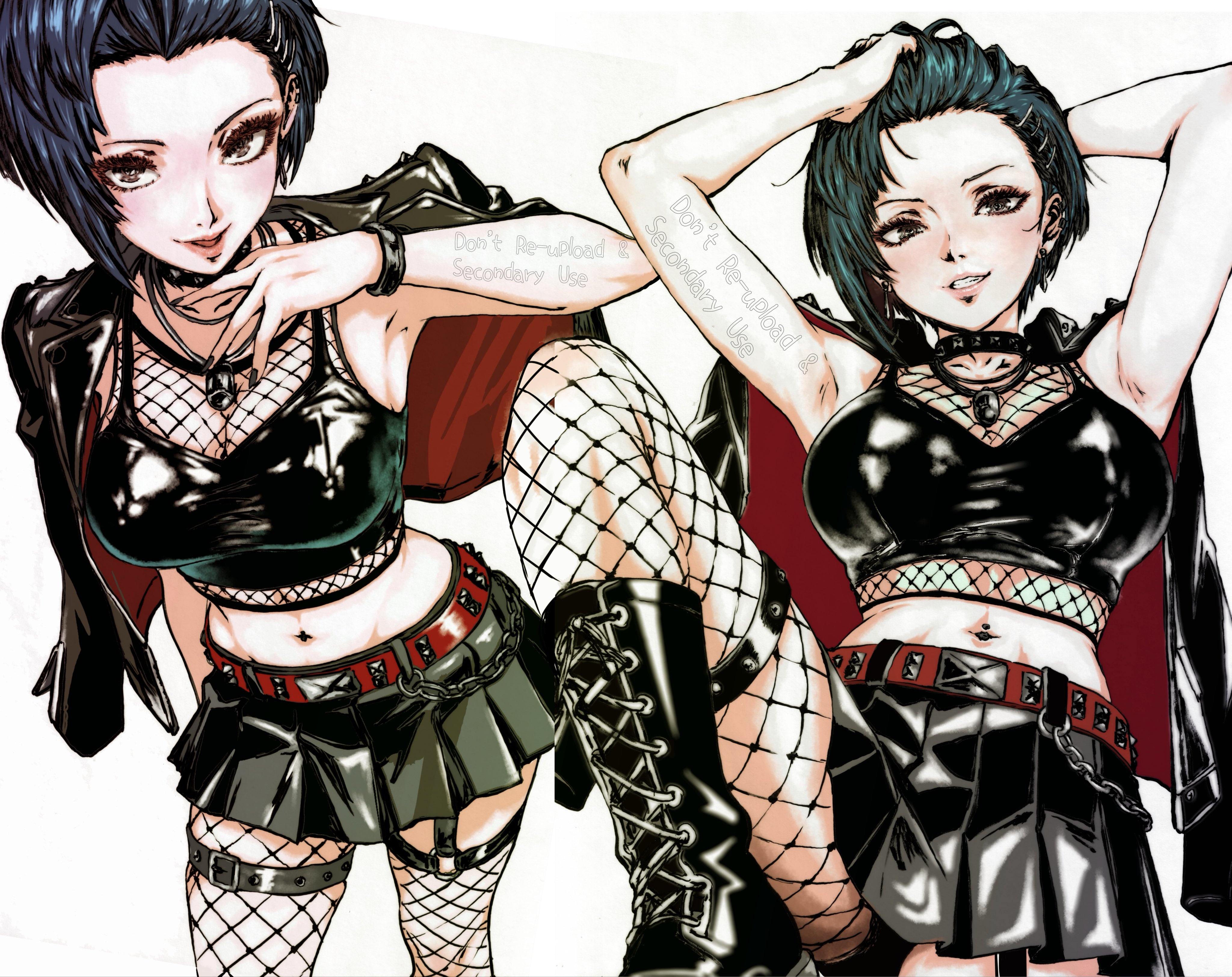oeilvert fft, takemi tae, persona, persona 5, absurdres, highres, black hair, black panties, boots, fishnets, jacket, jewelry, leather, leather boots, leather bra, leather jacket, leather skirt, necklace, panties, short hair, skirt, underwear