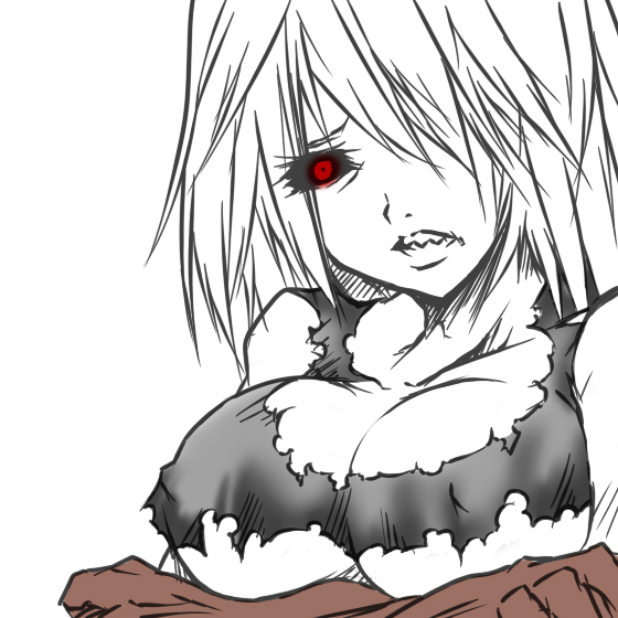 jin (mugenjin), witch (left4dead), left 4 dead, left 4 dead 1, 1girl, black sclera, bra, breasts, claws, colored sclera, female focus, glowing, glowing eyes, grey hair, large breasts, lingerie, partially colored, red eyes, sad, sharp teeth, solo, teeth, torn clothes, underwear, upper body, white hair, zombie