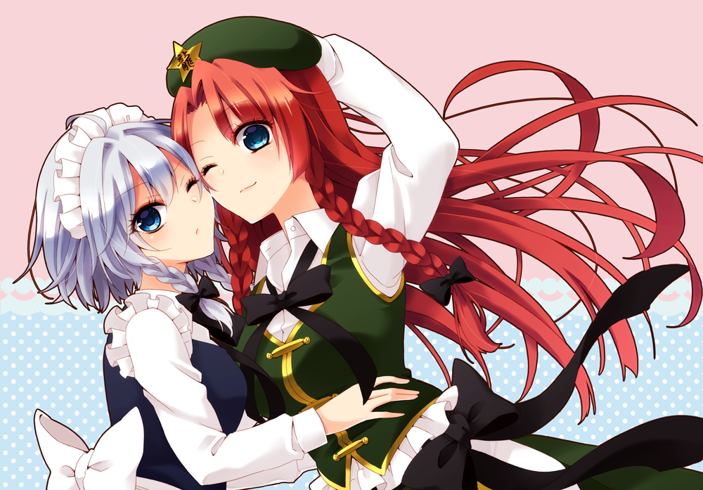 chitose (usacan), hong meiling, izayoi sakuya, touhou, commentary request, partial commentary, 2girls, ;), ;/, beret, black bow, black ribbon, bow, braid, braided sidelock, cheek-to-cheek, chinese clothes, curtained hair, floating hair, frilled shirt, frills, green hat, green vest, grey hair, hair bow, hat, hat ornament, heads together, long hair, long sleeves, looking at viewer, maid, maid headdress, multiple girls, neck ribbon, one eye closed, open collar, orange hair, ribbon, shirt, smile, star (symbol), star hat ornament, straight hair, twin braids, upper body, very long hair, vest, white shirt, yuri