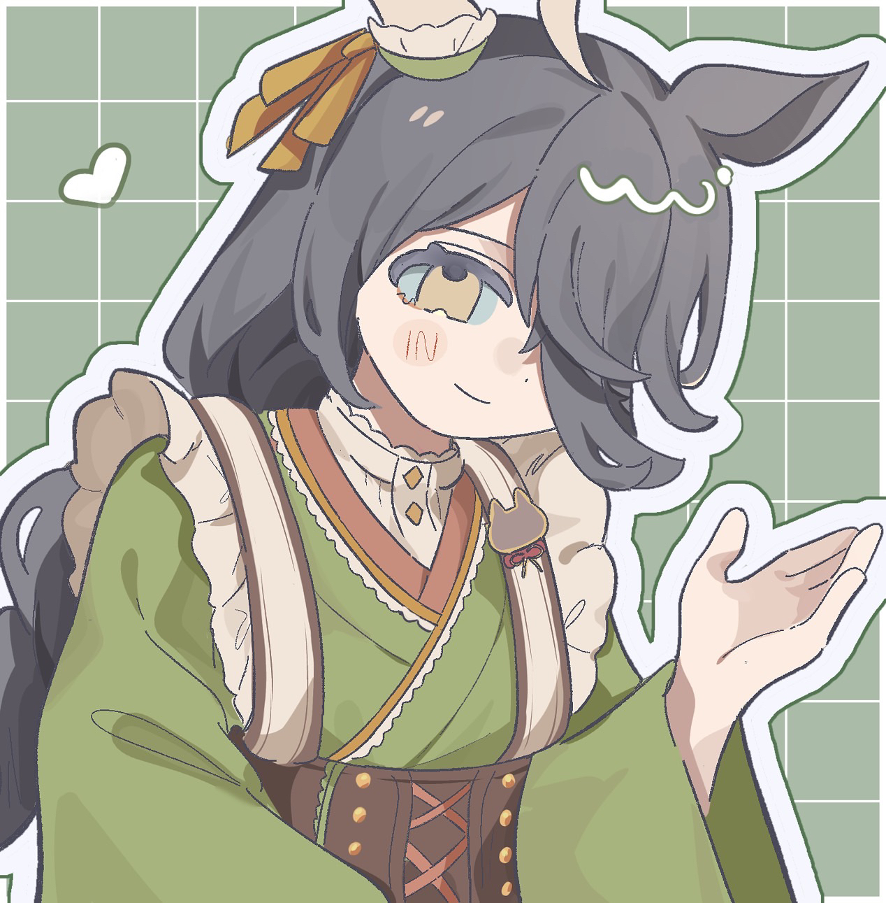 manhattan cafe (umamusume), manhattan cafe (verdant night) (umamusume), umamusume, highres, 1girl, ahoge, animal ears, animal ornament, black hair, blush, bow, braid, braided ponytail, brown corset, cat ornament, closed mouth, corset, do konjou aigamo, ear covers, ear ribbon, green kimono, green ribbon, grid background, hair over one eye, heart, horse ears, horse girl, japanese clothes, kimono, long bangs, long hair, long sleeves, looking at viewer, multicolored hair, ribbon, single ear cover, smile, solo, very long hair, white hair, wide sleeves, yellow eyes