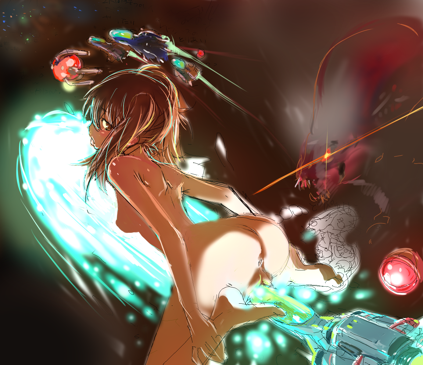 uniskie saabunrou, bit (r-type), dobkeratops, force (r-type), r-9a arrowhead, irem, r-type, head, bad id, bad pixiv id, 1girl, alien, anus, ass, barefoot, bent over, blush, feet, female focus, from behind, giant, giantess, large insertion, mecha, monster, nude, object insertion, robot, solo, space, spacecraft, starfighter, twintails, uncensored, vaginal, vaginal object insertion, what
