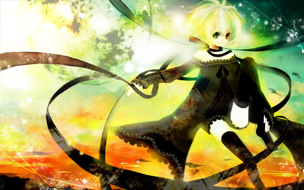 mirusa, original, blonde hair, choker, heterochromia, pale skin, ribbon, short hair, smile, solo, thighhighs