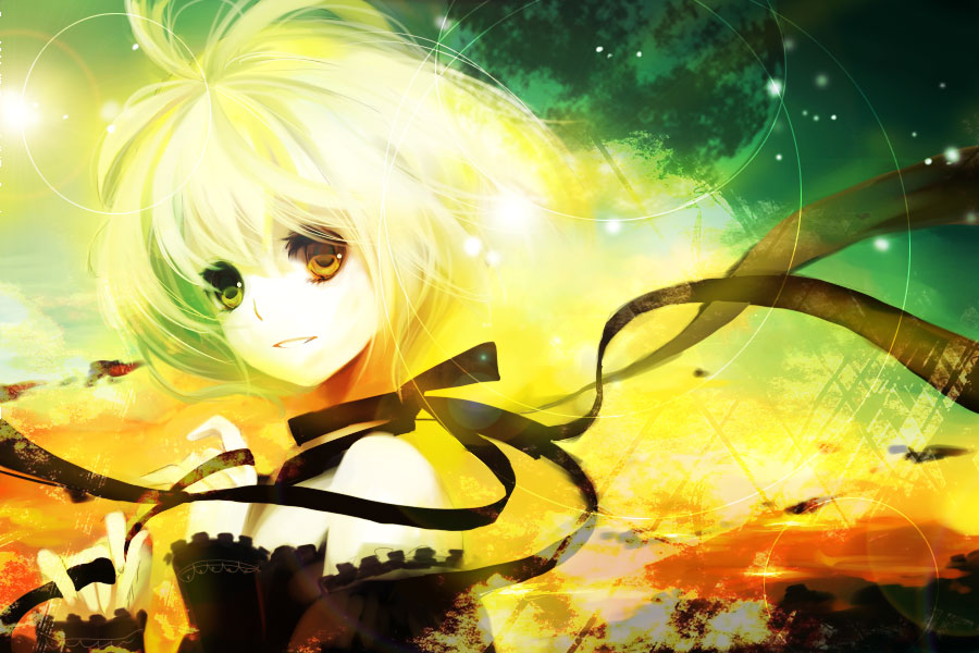 mirusa, original, blonde hair, choker, heterochromia, pale skin, ribbon, short hair, smile, solo