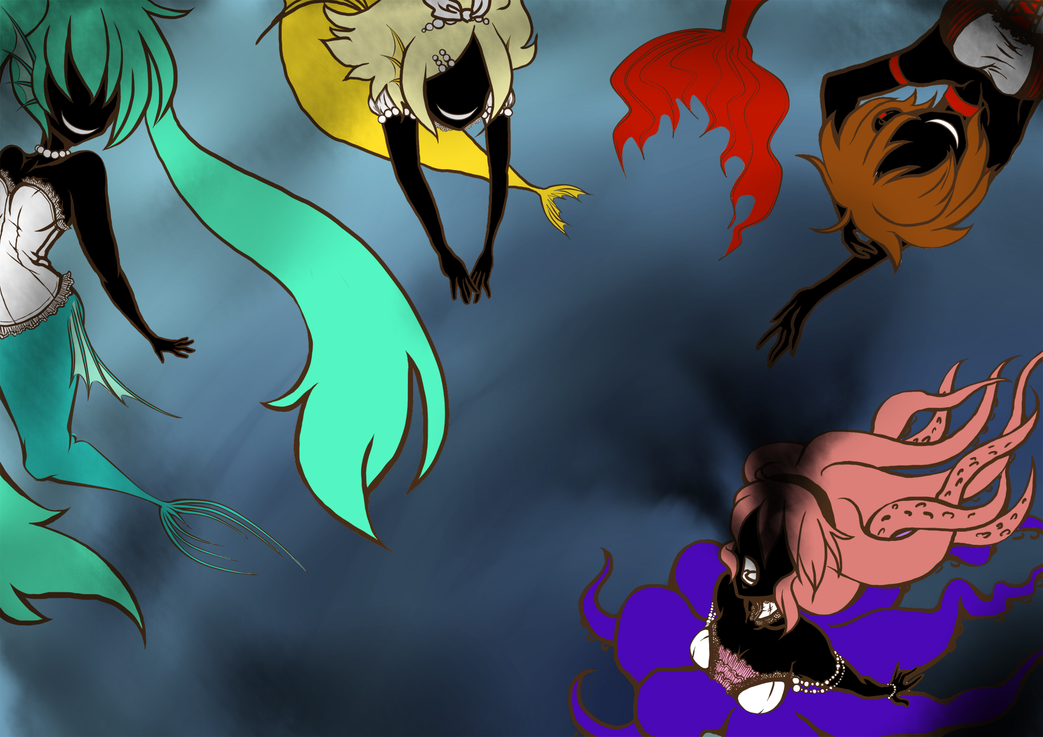 kamiyama izumi, hatsune miku, kagamine rin, megurine luka, meiko (vocaloid), takoluka, vocaloid, highres, 4girls, armlet, blonde hair, bustier, choker, creepy, fins, green hair, head fins, horror (theme), jewelry, long hair, mermaid, monster girl, multiple girls, necklace, pearl necklace, pink hair, red hair, short hair, silhouette, tentacle hair, underwater, what