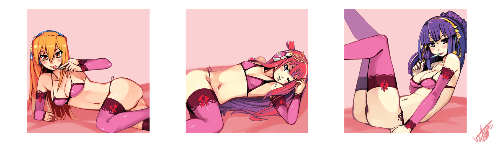 woofycakes, umegiri ameto, umegiri hifumi, umegiri iroha, beatmania iidx, bemani, bad id, bad pixiv id, highres, long image, wide image, 3girls, bra, candy, elbow gloves, food, gloves, headphones, lingerie, lollipop, multiple girls, panties, thighhighs, underwear, underwear only