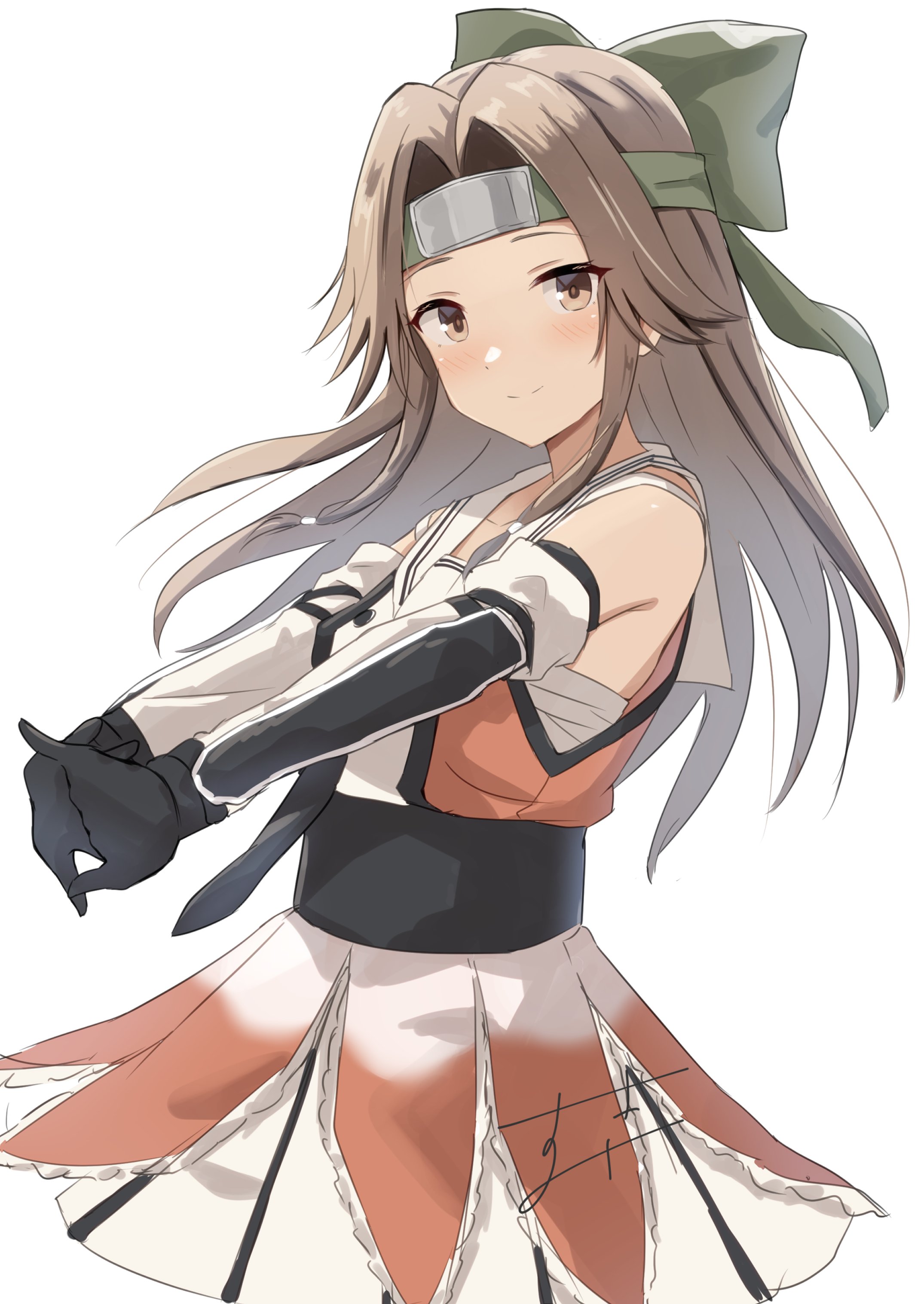 sukimizaki, jintsuu (kancolle), jintsuu kai ni (kancolle), kantai collection, absurdres, highres, 1girl, black gloves, black neckerchief, bow, brown eyes, brown hair, buttons, cowboy shot, double-breasted, elbow gloves, forehead protector, gloves, green bow, green headband, hair bow, hair intakes, half updo, headband, long hair, neckerchief, orange shirt, pleated skirt, sailor collar, sarashi, school uniform, serafuku, shirt, skirt, sleeveless, sleeveless shirt, solo, stretching, white sailor collar, white skirt
