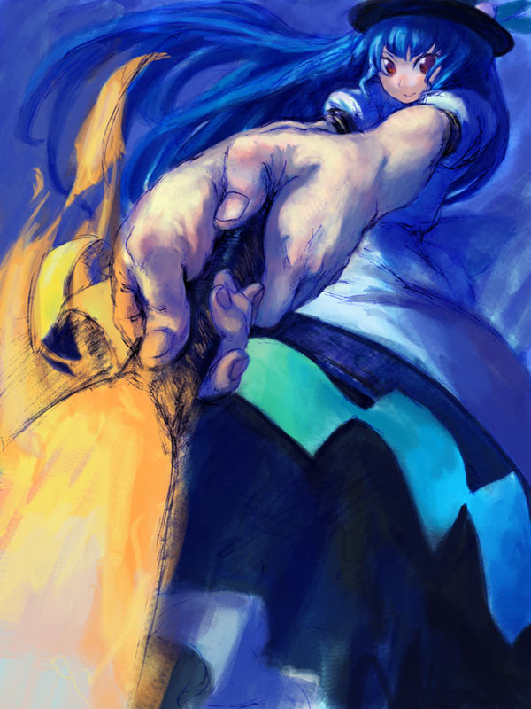 binayu, hinanawi tenshi, touhou, 1girl, blue hair, female focus, hat, long hair, red eyes, solo, standing, sword, sword of hisou, weapon
