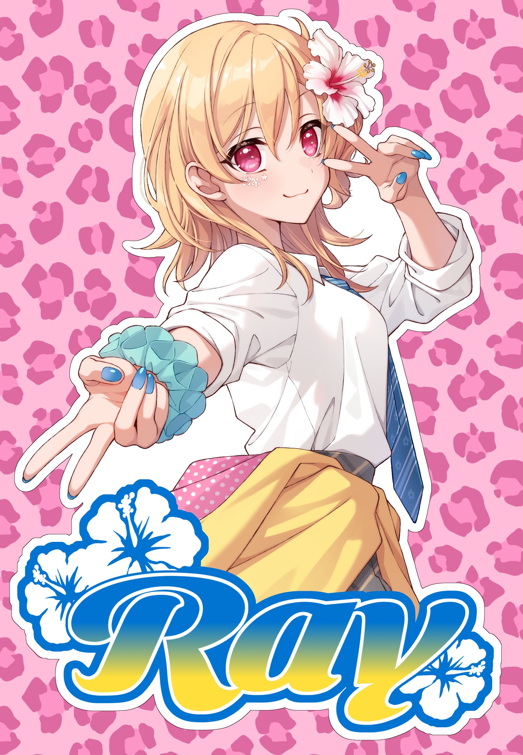 masami (souzou jinsei sanka), akira ray, akira ray (1st costume), nijisanji, nijisanji kr, absurdres, highres, 1girl, blonde hair, blue nails, breasts, clothes around waist, flower, looking at viewer, medium breasts, necktie, pink background, shirt, short side ponytail, skirt, sticker, sticker on face, virtual youtuber