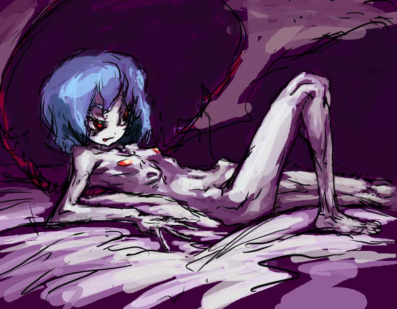 binayu, remilia scarlet, touhou, 1girl, bat wings, blue hair, emaciated, female focus, nude, red eyes, ribs, short hair, skinny, solo, vampire, wings