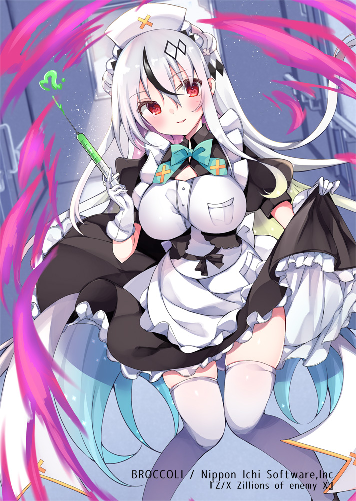 satsuki mayuri, z/x, official art, 1girl, apron, aqua bow, aqua bowtie, aqua hair, black dress, black hair, blonde hair, bow, bowtie, breasts, clothes lift, copyright notice, double bun, dress, dress lift, gloves, gradient hair, grey hair, hair between eyes, hair bun, hair ornament, hat, holding, holding syringe, indoors, lifting own clothes, long hair, medium breasts, multicolored hair, nurse cap, red eyes, skindentation, skirt, skirt lift, solo, syringe, thighhighs, white apron, white gloves, white thighhighs, yith (z/x)