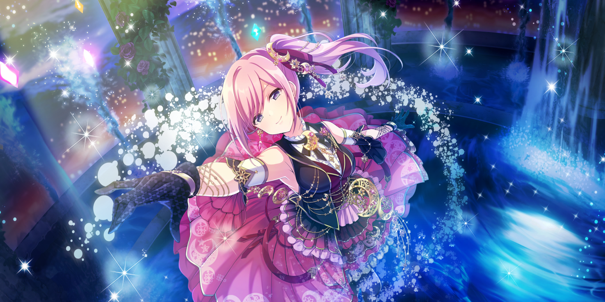 alpha (lapis re:lights), lapis re:lights, game cg, highres, official art, third-party source, 1girl, armpits, bare shoulders, black dress, black gloves, breasts, bubble, closed mouth, crescent, crescent hair ornament, crescent print, dot nose, dress, flower, fountain, from above, gloves, hair ornament, hair ribbon, ivy, long hair, looking at viewer, medium breasts, outstretched arm, pillar, pink hair, pink skirt, print gloves, print skirt, purple eyes, purple flower, purple ribbon, purple rose, reaching, reaching towards viewer, ribbon, rose, side ponytail, sidelocks, skirt, sleeveless, sleeveless dress, smile, solo, sparkle, water, waterfall