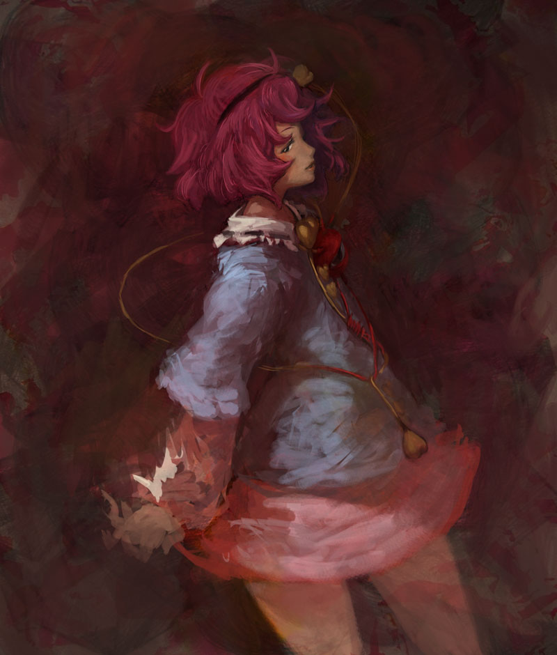 binayu, komeiji satori, touhou, 1girl, arms behind back, black hairband, black ribbon, blue shirt, blush, cowboy shot, female focus, frilled shirt collar, frills, from side, hair ornament, hairband, hand on own arm, heart, heart hair ornament, layered sleeves, light smile, long sleeves, looking at viewer, looking to the side, parted lips, pink hair, pink skirt, purple hair, ribbon, ribbon-trimmed collar, ribbon trim, shirt, short hair, skirt, solo, standing, string, third eye