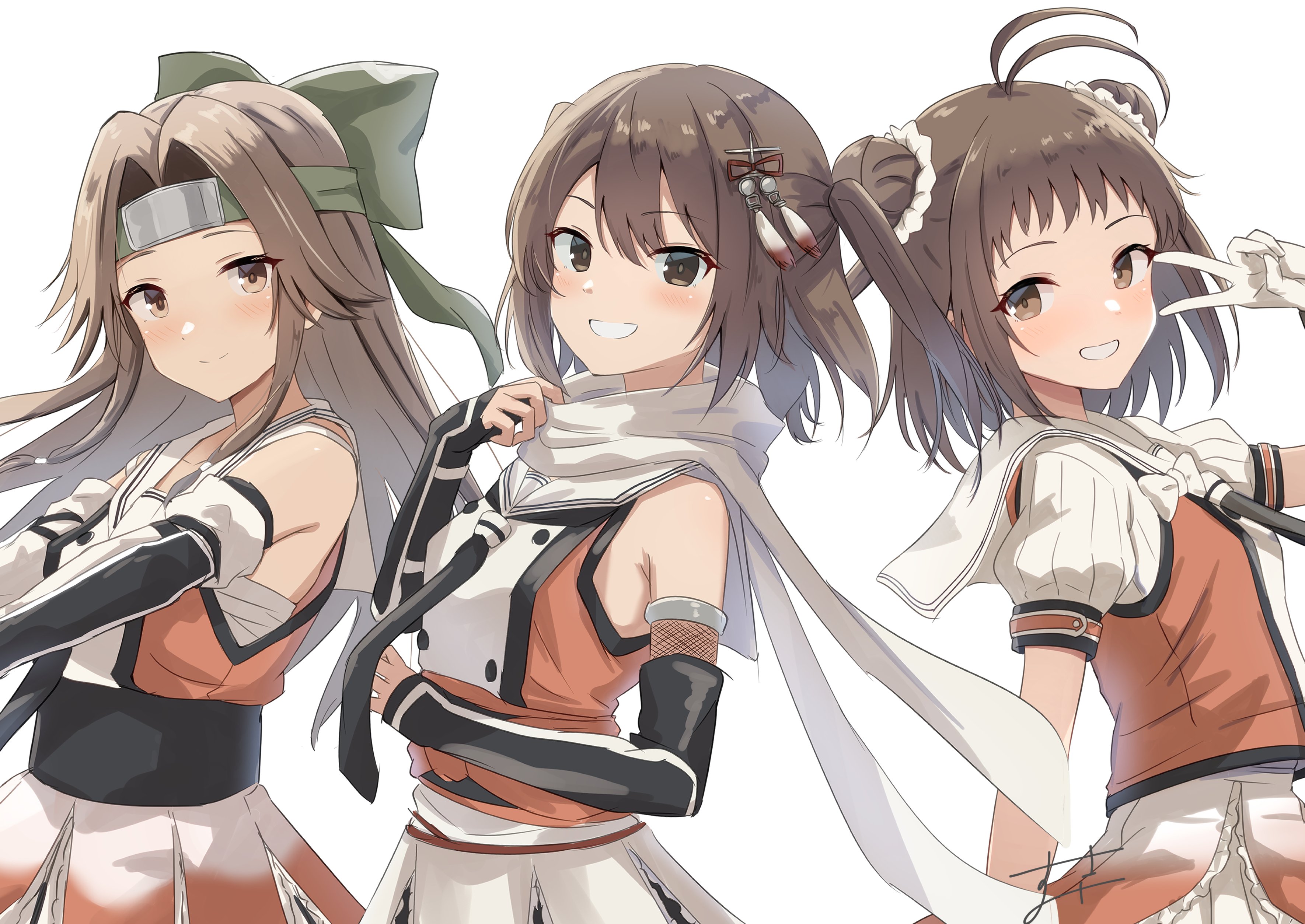 sukimizaki, jintsuu (kancolle), jintsuu kai ni (kancolle), naka (kancolle), naka kai ni (kancolle), sendai (kancolle), sendai kai ni (kancolle), kantai collection, absurdres, commentary request, highres, 3girls, antenna hair, black gloves, black neckerchief, black necktie, blush, bow, brown eyes, brown hair, buttons, cowboy shot, double-breasted, double bun, dress, elbow gloves, fingerless gloves, forehead protector, gloves, green bow, green headband, grin, hair bow, hair bun, hair intakes, hair ornament, half updo, headband, long hair, looking at viewer, miniskirt, multiple girls, neckerchief, necktie, orange dress, orange shirt, pleated skirt, puffy short sleeves, puffy sleeves, sailor collar, sarashi, scarf, school uniform, serafuku, shirt, short hair, short sleeves, simple background, skirt, sleeveless, sleeveless shirt, smile, stretching, two side up, v, white background, white gloves, white sailor collar, white scarf, white skirt