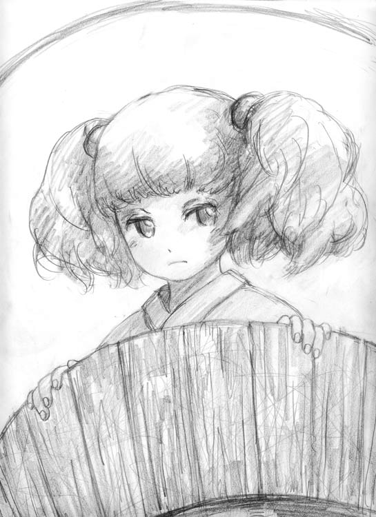 binayu, kisume, touhou, 1girl, bucket, female focus, greyscale, in bucket, in container, monochrome, short hair, sketch, solo, white background