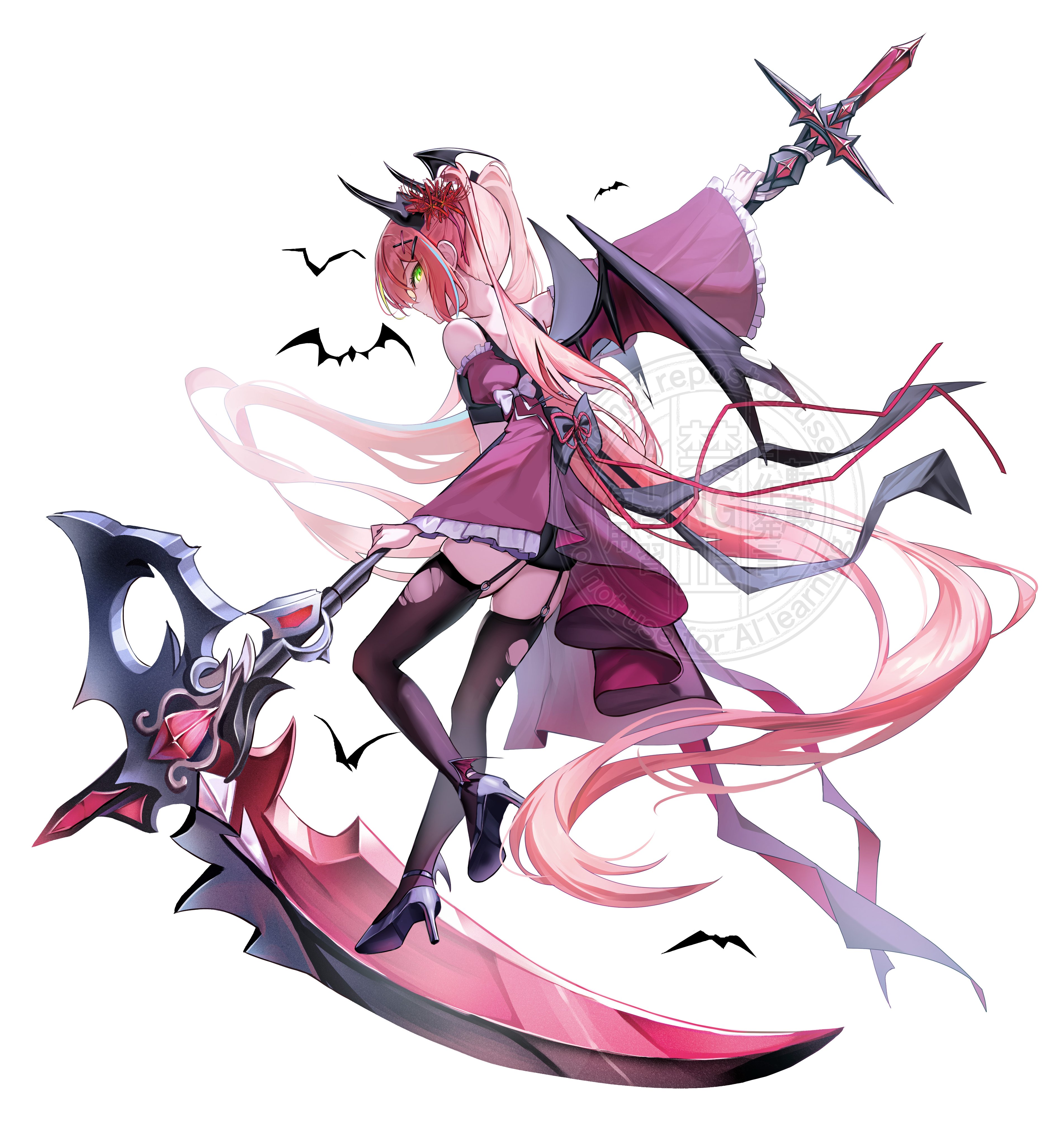 li se, hanako nana, stellive, absurdres, highres, 1girl, absurdly long hair, back bow, bat (animal), bat wings, black shoes, black thighhighs, bow, demon girl, demon horns, demon wings, detached sleeves, flower, frilled sleeves, frills, full body, garter straps, green eyes, hair ornament, high heels, holding, holding scythe, holding weapon, horns, long hair, long sleeves, looking at viewer, pink hair, scythe, shoes, simple background, solo, thighhighs, torn clothes, torn thighhighs, twintails, very long hair, weapon, white background, wide sleeves, wings